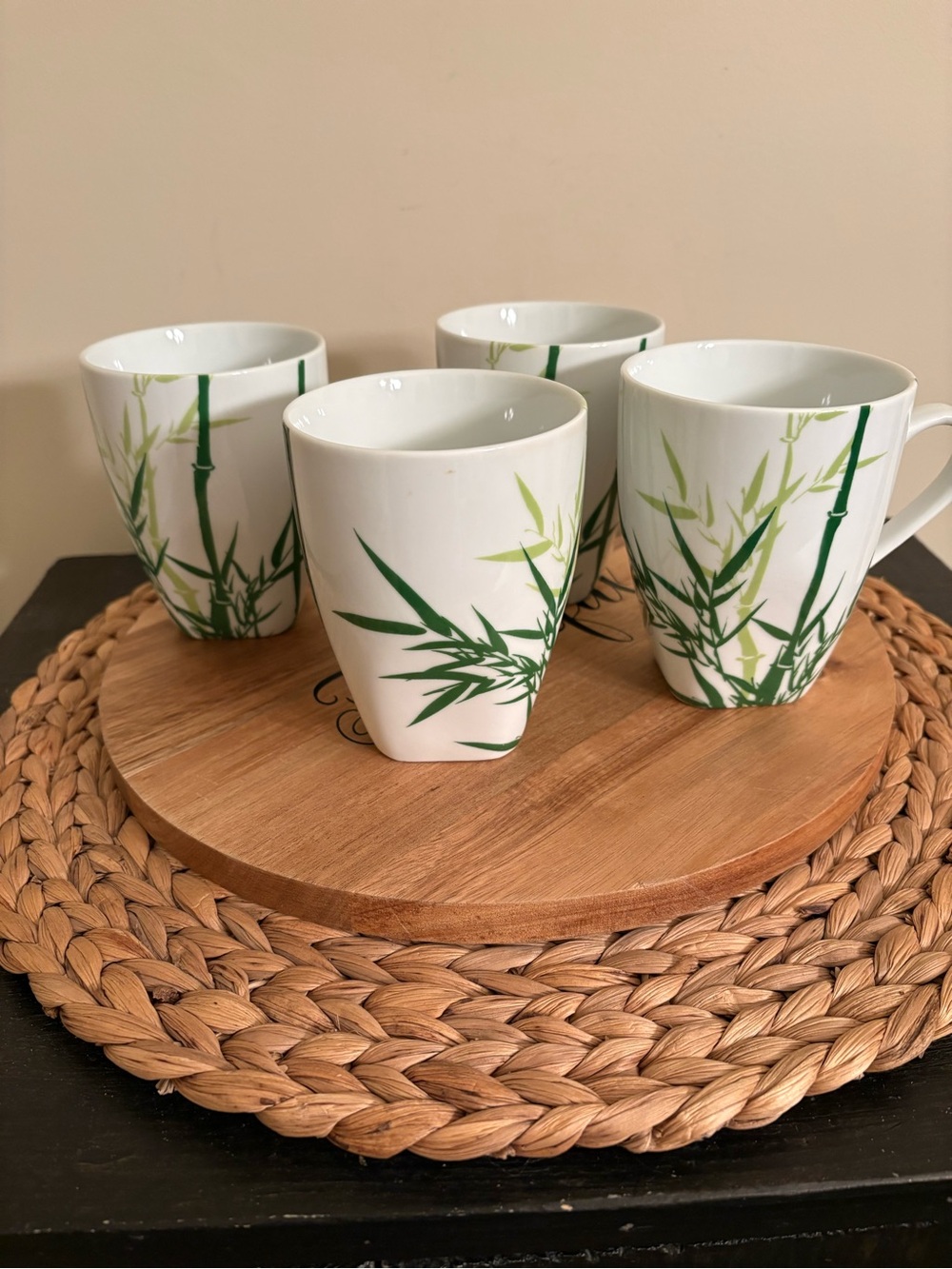 White Ceramic Mug Set with Green Bamboo Motif - Set of 4